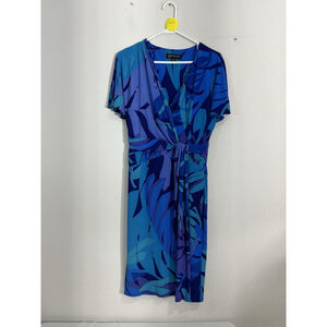 Womans Jones Ny Size 12 Blue Multicolor V Neck Short Sleeve Rushed Dress